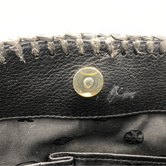 Tory Burch Marion Raffia Straw Tote Blue Black Stripes Leather Trimmed + Wallet - Picture 9 of 16